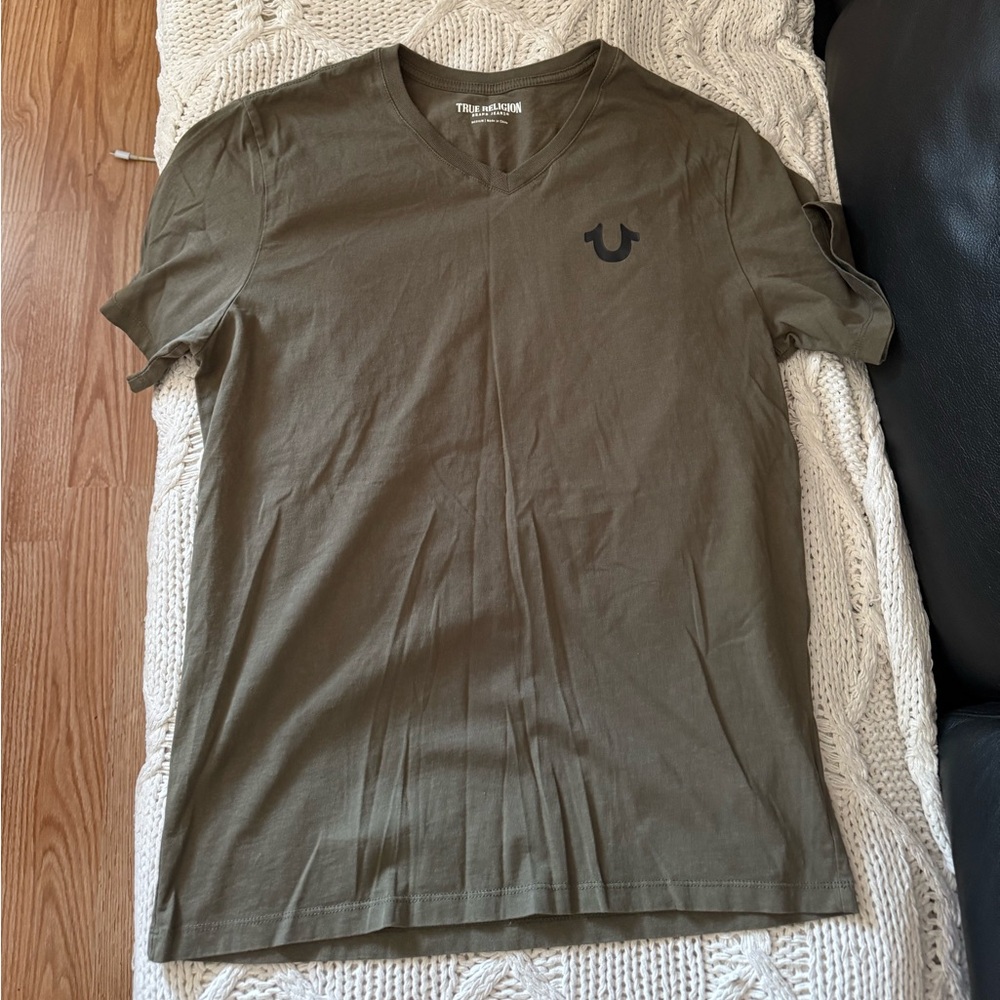True Religion Olive Green V-Neck Logo Tee